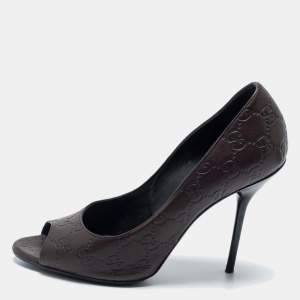 Pre Owned Gucci Dark Brown Guccissima Leather Peep Toe Pumps Size 40