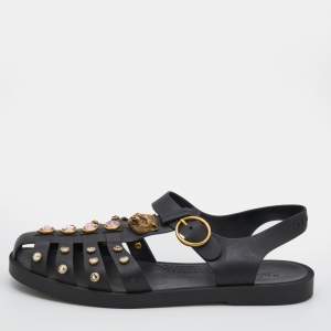 مملوكة مسبقًا Gucci Black Rubber Crystal Embellishments Caged T-Strap Flat Sandals Size 40
