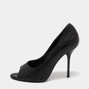 Pre Owned Gucci Black Guccissima Leather GG Open Toe Pumps Size 37