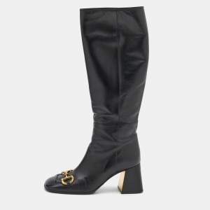 Pre Owned Gucci Black Leather Horsebit Block Heel Knee Length Boots Size 38.5