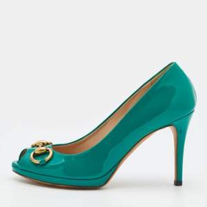 Pre Owned Gucci Sea Green Patent Leather Jolene Horsebit Peep Toe Pumps Size 36.5