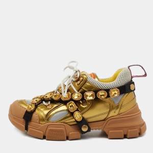 Gucci Gold/White Leather And Mesh Flashtrek Chunky Sneakers Size 39.5
