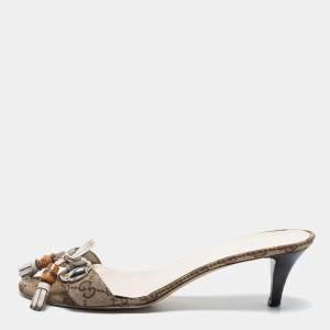 Gucci Brown GG Canvas Bamboo Tassel Horsebit Slide Sandals Size 39