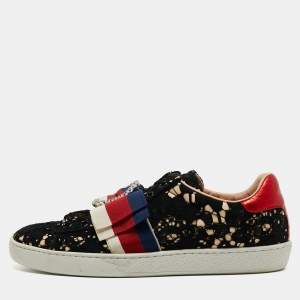 Gucci Black Lace and Satin Web Crystal Embellished Low Top Sneakers Size 37