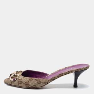 مملوكة مسبقًا Gucci Beige/Purple GG Canvas and Leather New Hollywood Horsebit Slides Size 38