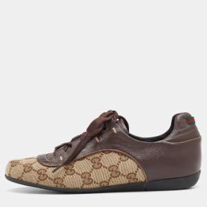 Gucci Beige/Brown GG Canvas and Leather Web Sneakers Size 35