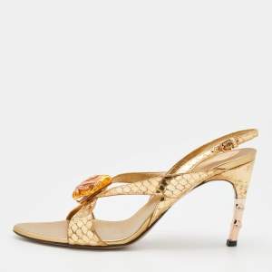 Gucci Metallic Gold Snakeskin Leather Slingback Sandals Size 38.5