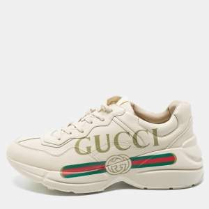 مملوكة مسبقًا Gucci Off White Leather Rhyton Vintage Gucci Logo Sneakers Size 41