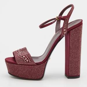 Gucci Burgundy Crystal Embellished Satin Platform Sandals Size 39