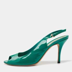 Pre Owned Gucci Green Patent Leather Peep Toe Slingback Pumps Size 37