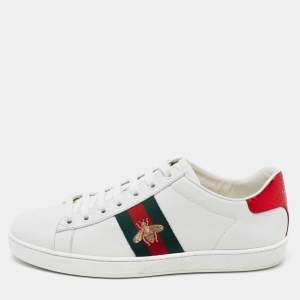 Pre Owned Gucci White Leather Bee Embroidered Ace Low Top Sneakers Size 38