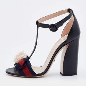 Gucci Black Leather and Web Bow Flower Ankle Strap Sandals Size 38.5