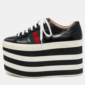 Gucci Black Leather Peggy Web Detail Platform Sneakers Size 36.5