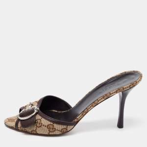 Gucci Beige GG Canvas and Leather Horsebit Mule Sandals Size 39