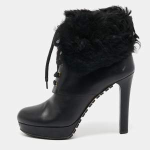 Pre Owned Gucci Black Leather and Fur Lace Up Platform Ankle Boots Size 38.5