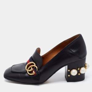 مملوكة مسبقًا Gucci Black Leather Web GG Marmont Loafer Pumps Size 37.5