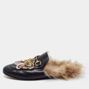 Pre Owned Gucci Black Tiger Embroidered Leather And Fur Princetown Horsebit Flat Mules Size 38