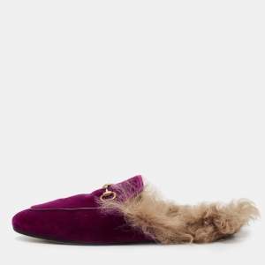 Pre Owned Gucci Purple Velvet Princetown Horsebit Flat Mules Size 39