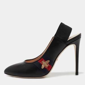 مملوكة مسبقًا Gucci Black Leather Sylvie Bee Slingback Pumps Size 40
