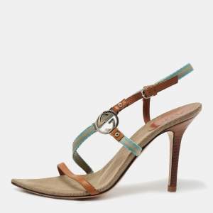 Gucci Brown/Blue Canvas and Leather Horsebit Ankle Strap Sandals Size 38