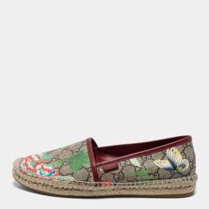 Pre Owned Gucci Beige Flora Print Coated Canvas and Leather Slip On Espadrilles Size 38.5