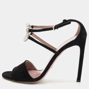 Gucci Black Suede Crystal Embellished GG Interlock Ankle Strap Sandals Size 38.5