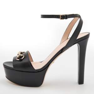 Gucci Black Leather Horsebit Platform Ankle Strap Sandals Size 40