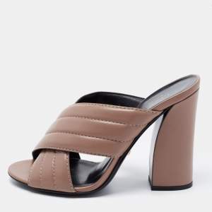 Gucci Light Brown Quilted Leather Criss Cross Block Heel Mules Size 39