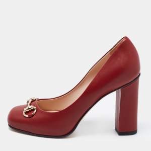 Gucci Red Leather Horsebit Block Heel  Pumps Size 37