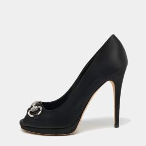 Pre Owned Gucci Black Satin Embellished Horsebit Peep Toe Platform Pumps Size 36.5