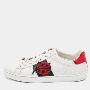 Gucci White Leather Ace Embroidered Ladybug and Pineapple Low Top Sneakers Size 35
