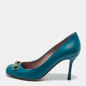 Pre Owned Gucci Teal Leather Horsebit Square Toe Pumps Size 36.5