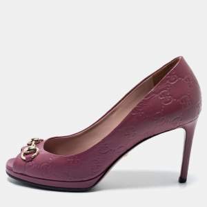Pre Owned Gucci Plum Guccissima Leather Horsebit Peep Toe Platform Pumps Size 36.5