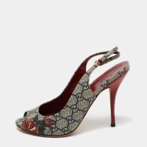 Pre Owned Gucci Grey/Navy Blue GG Supreme Canvas Tattoo Slingback Peep Toe Pumps Size 39