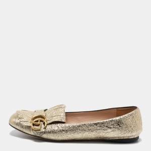 مملوكة مسبقًا Gucci Gold Crinkled Leather GG Marmont Fringe Ballet Flats Size 39.5