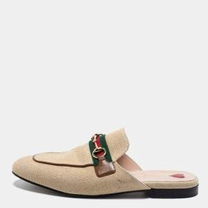 مملوكة مسبقًا Gucci Beige Canvas Vintage Charlotte Web Princetown Flat Mules Size 38.5 
