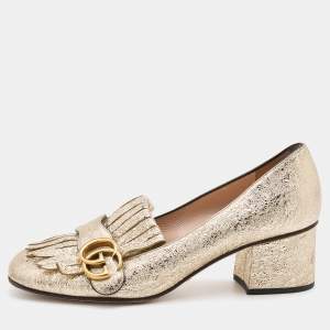 مملوكة مسبقًا Gucci Metallic Gold Leather GG Marmont Block Heel Pumps Size 37.5