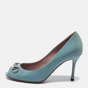 Pre Owned Gucci Light Blue Patent Leather Horsebit Peep Toe Pumps Size 38.5