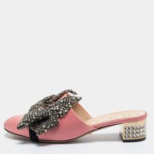 Gucci Pink Satin Crystal Embellished Bow Mules Size 37.5