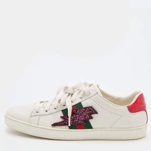 Gucci White Leather Ace Web Detail Lighting Bolt Embroidered Low Top Sneakers Size 40