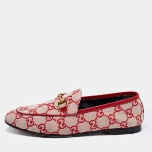 Pre Owned Gucci Red GG Canvas Jordaan Horsebit Loafers Size 35.5