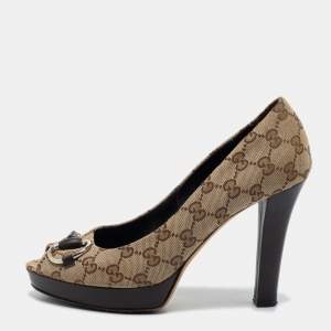 مملوكة مسبقًا Gucci Brown GG Canvas Horsebit Peep toe Platform Pumps Size 39.5