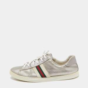 Gucci Silver GG Coated Canvas and Leather Ace Low Top Sneakers Size 37.5