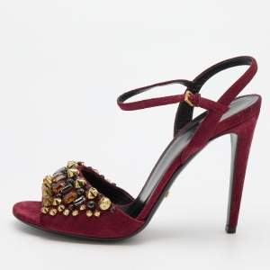 Pre Owned Gucci Burgundy Suede Embellished Ankle Strap Sandals Size 39