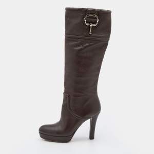Pre Owned Gucci Dark Brown Leather Knee Length Platform Boots Size 40