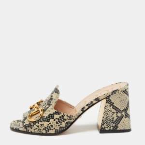 Gucci Black/Beige Snakeskin Embossed Leather Horsebit Slide Sandals Size 38.5
