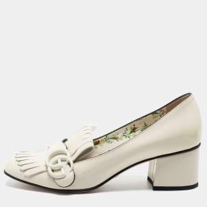 Pre Owned Gucci Cream Patent Leather Double G Fringes Mid Heel Pumps Size 37.5