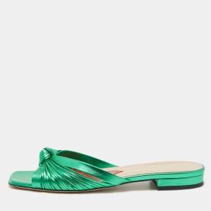 Pre Owned Gucci Metallic Green Knotted Leather Flat Slides Size 39.5