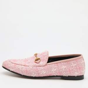 Pre Owned Gucci Light Pink Tweed and Leather Horsebit Jordaan Slip On Loafers Size 37