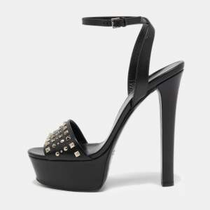 Gucci Black Studded Leather Leila Ankle Strap Sandals Size 40
